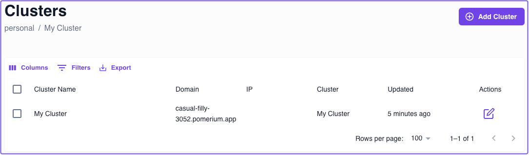 Viewing the new cluster name in the Zero Console